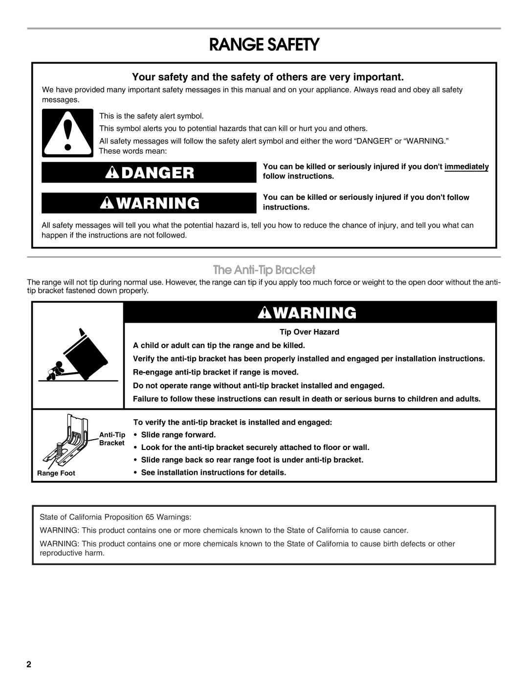 Whirlpool W10394382A warranty Range Safety, Anti-Tip Bracket 