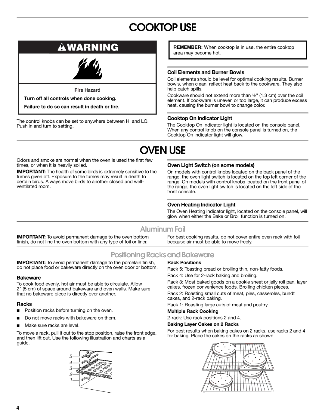 Whirlpool W10394382A warranty Cooktop USE, Oven USE, Aluminum Foil, Positioning Racks and Bakeware 