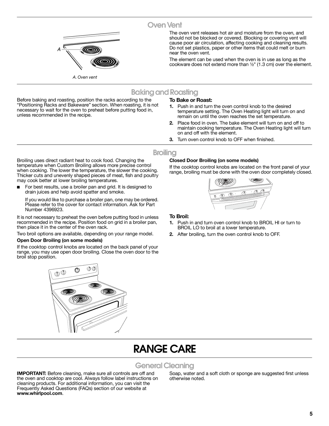 Whirlpool W10394382A warranty Range Care, Oven Vent, Baking and Roasting, Broiling, General Cleaning 