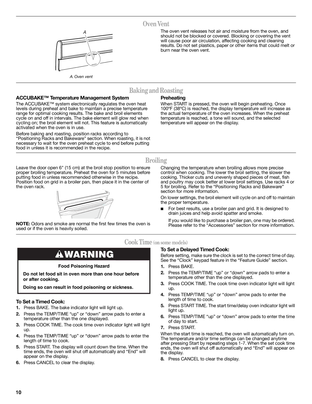 Whirlpool W10394385A warranty OvenVent, BakingandRoasting, Broiling 