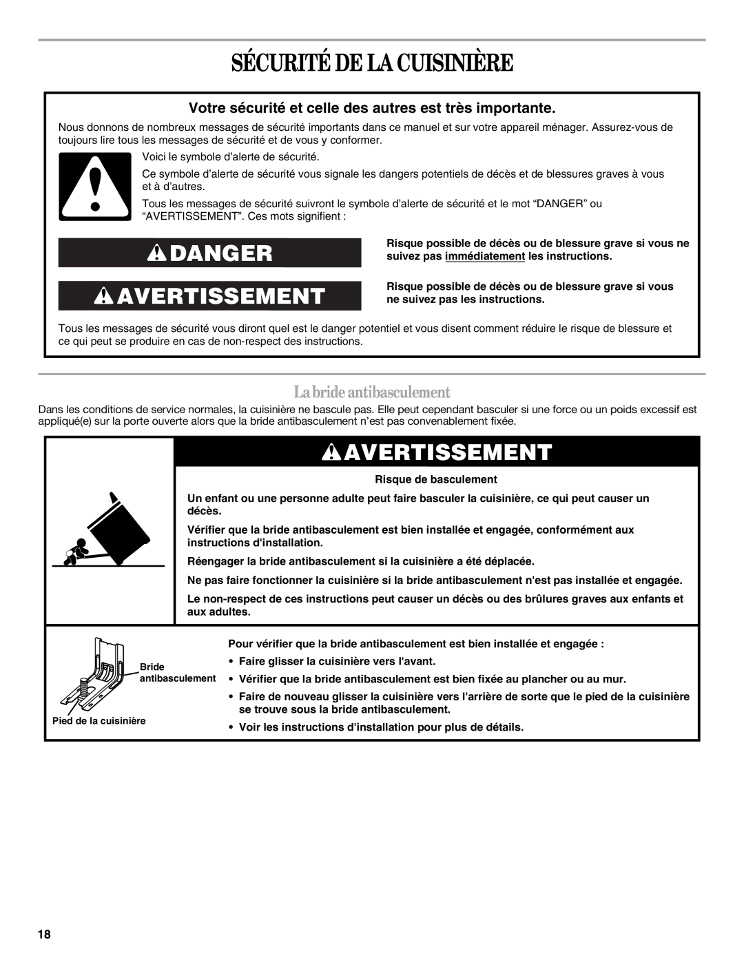 Whirlpool W10394385A warranty Sécurité DE LA Cuisinière, Labrideantibasculement 