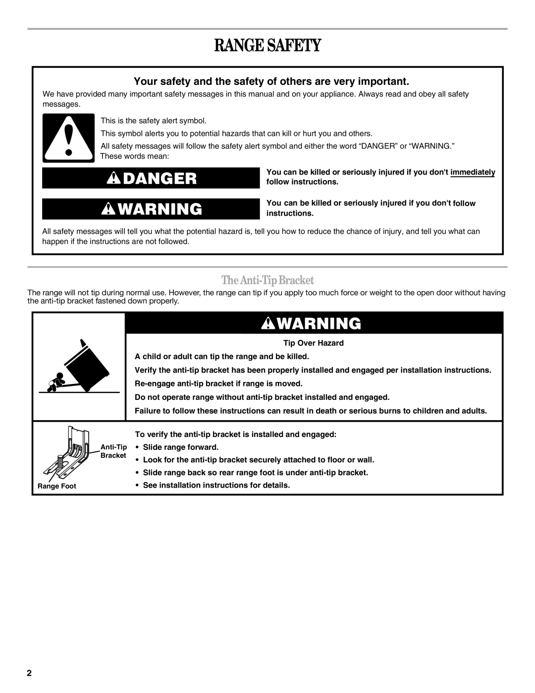 Whirlpool W10394385A warranty Range Safety, TheAnti-TipBracket 