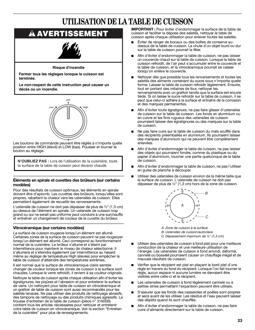 Whirlpool W10394385A warranty Utilisation DE LA Table DE Cuisson, Vitrocéramique sur certains modèles 