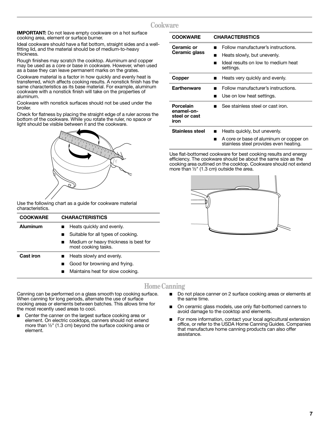 Whirlpool W10394385A warranty HomeCanning, Cookware Characteristics, Aluminum, Cast iron 