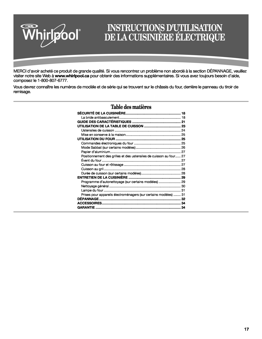 Whirlpool W10394385A Instructions Dutilisation De La Cuisinière Électrique, Table des matières, Guide Des Caractéristiques 