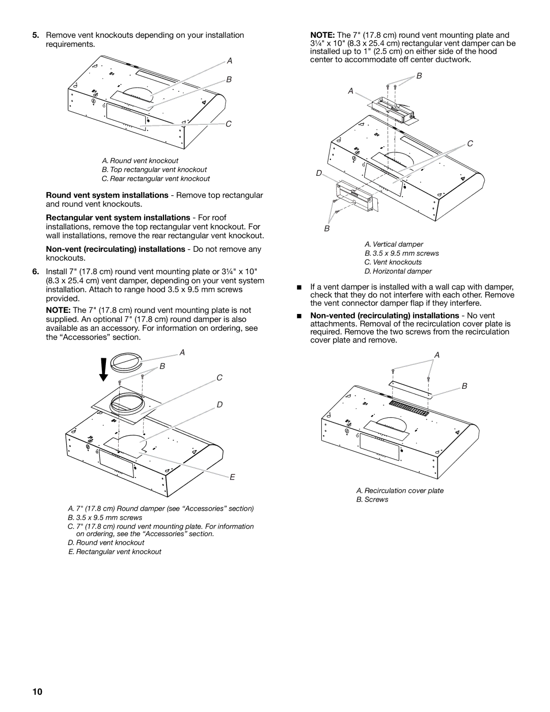 Whirlpool UXT4230AY, W10400322F, LI3Z4C, UXT4236AY installation instructions Round vent knockout Rectangular vent knockout 