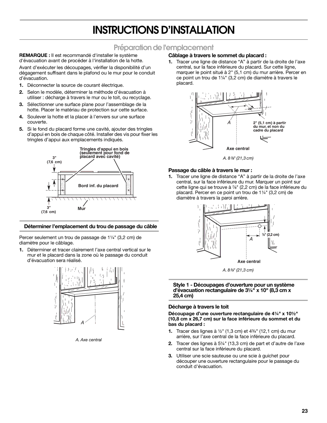 Whirlpool UXT4236AY Instructions D’INSTALLATION, Préparation de lemplacement, Câblage à travers le sommet du placard 