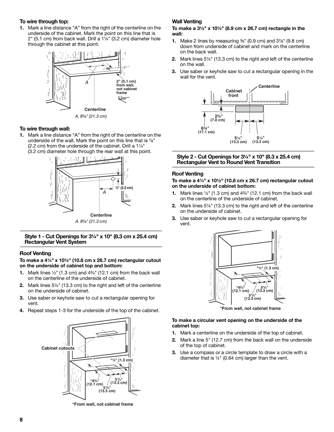 Whirlpool W10400322F, LI3Z4C, UXT4230AY, UXT4236AY To wire through top, To wire through wall, Wall Venting 