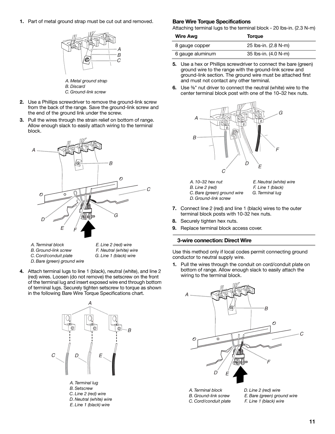 Whirlpool W10403811C installation instructions Bare Wire Torque Specifications, Wire Awg Torque 