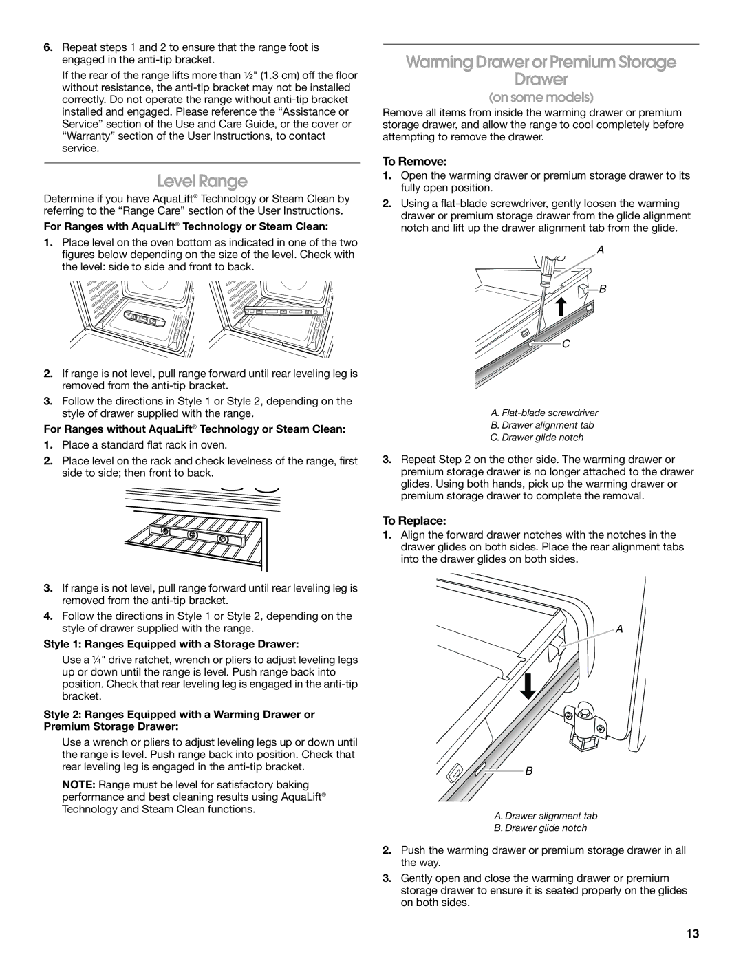 Whirlpool W10403811C installation instructions Level Range, Warming Drawer or Premium Storage, To Remove, To Replace 