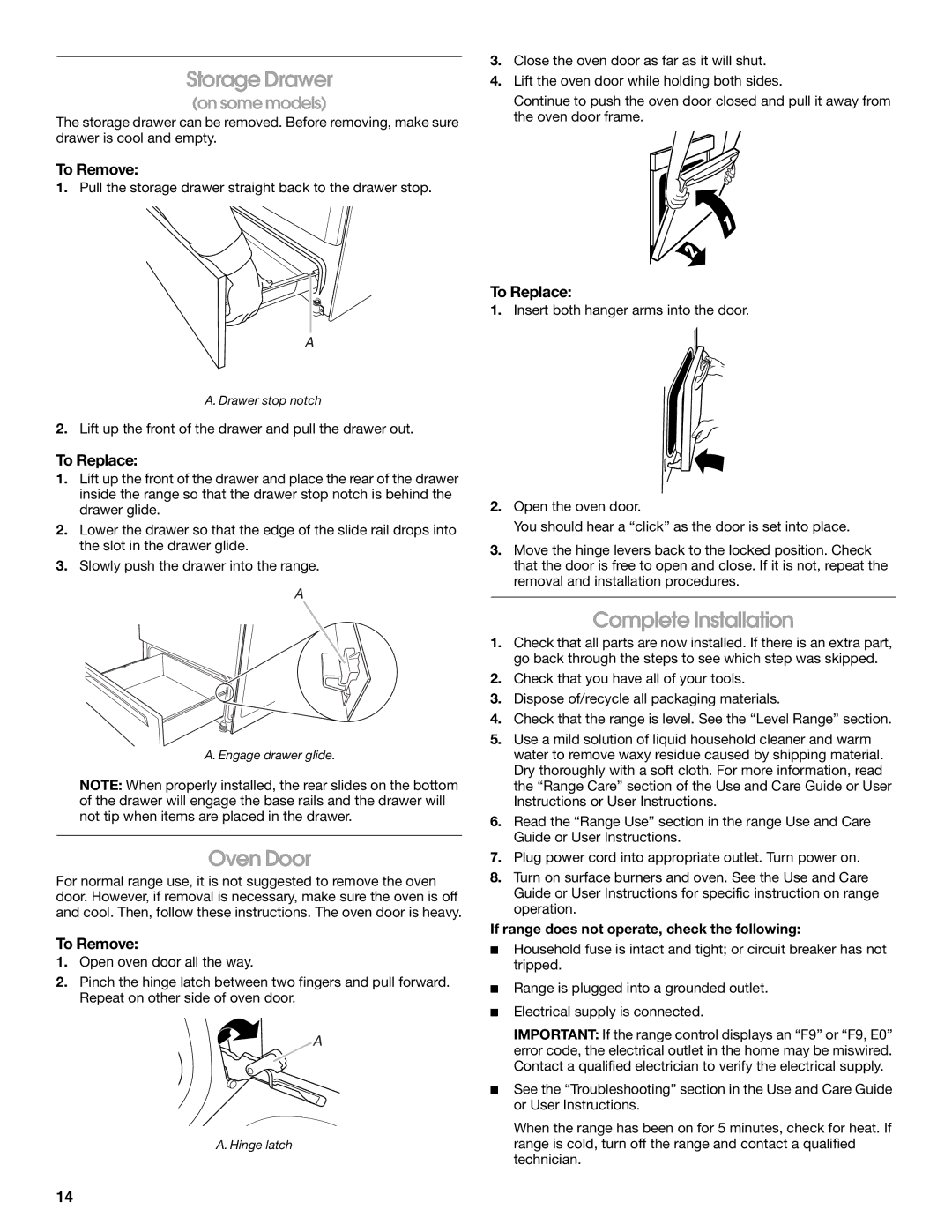 Whirlpool W10403811C Storage Drawer, Oven Door, Complete Installation, If range does not operate, check the following 