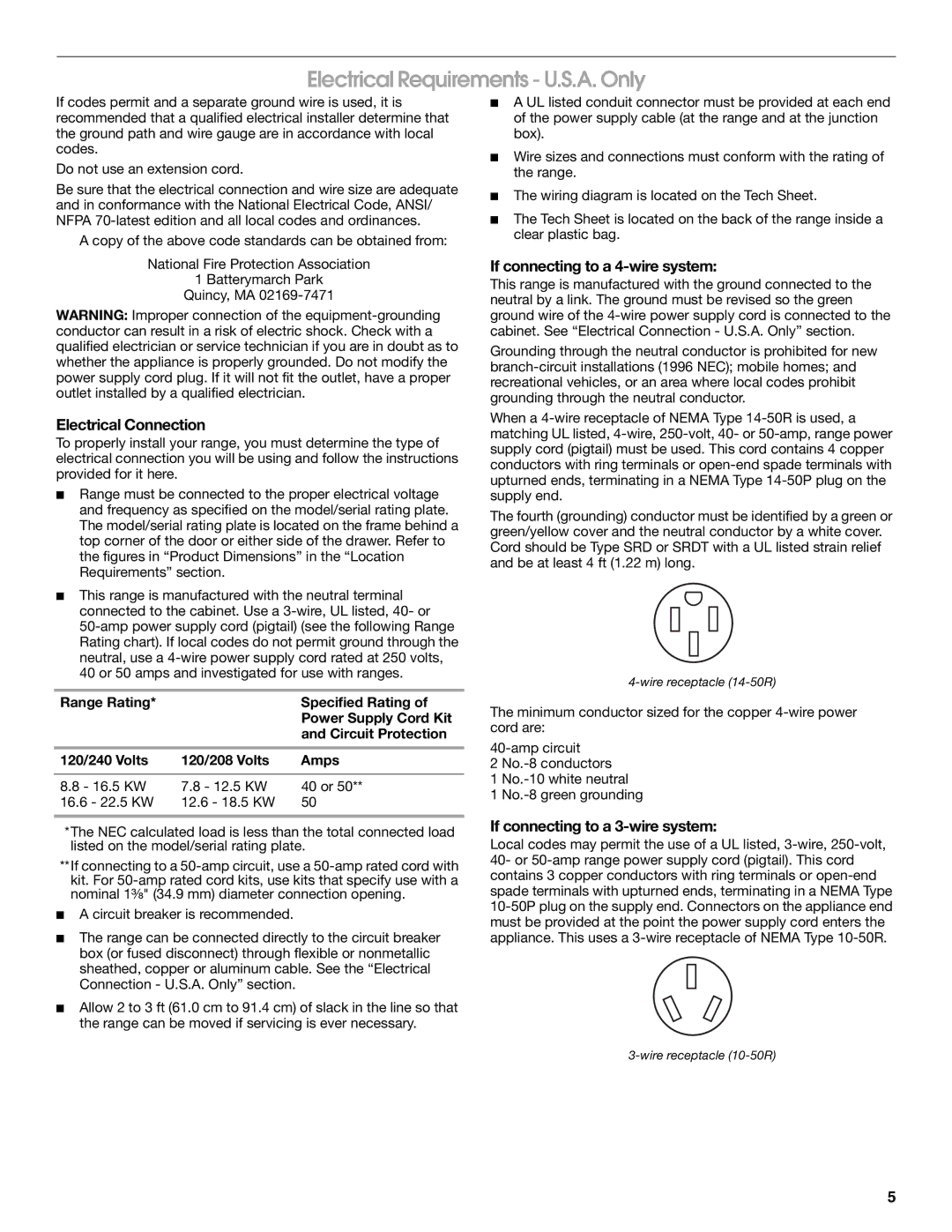 Whirlpool W10403811C Electrical Requirements U.S.A. Only, Electrical Connection, If connecting to a 4-wire system 