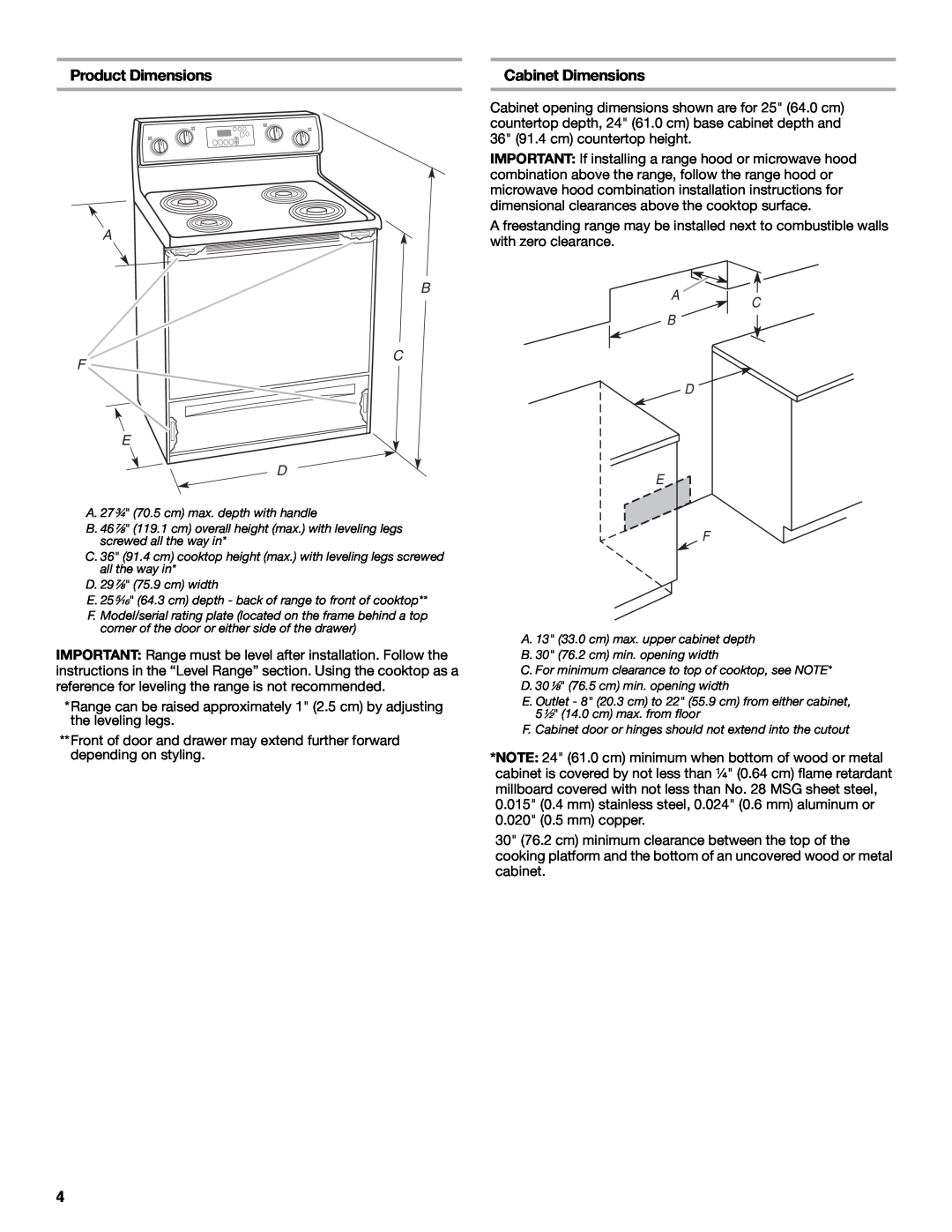 Whirlpool W10403811C installation instructions Product Dimensions, Cabinet Dimensions, A C B D 