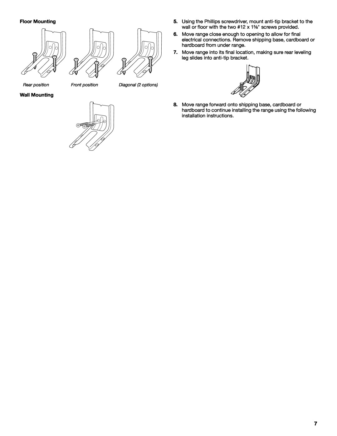 Whirlpool W10403811C installation instructions Floor Mounting, Wall Mounting 
