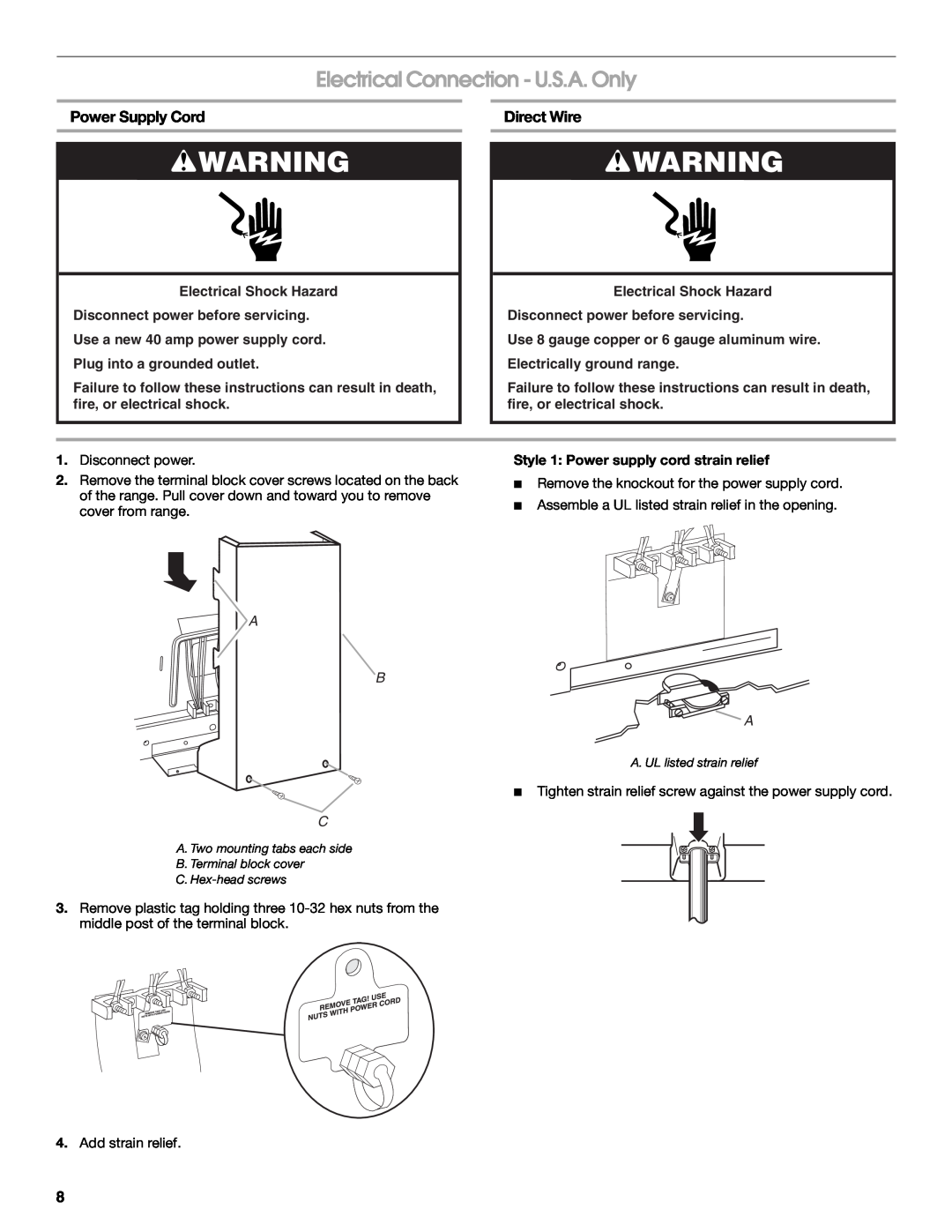 Whirlpool W10403811C installation instructions Electrical Connection - U.S.A. Only, Power Supply Cord, Direct Wire, A B A 