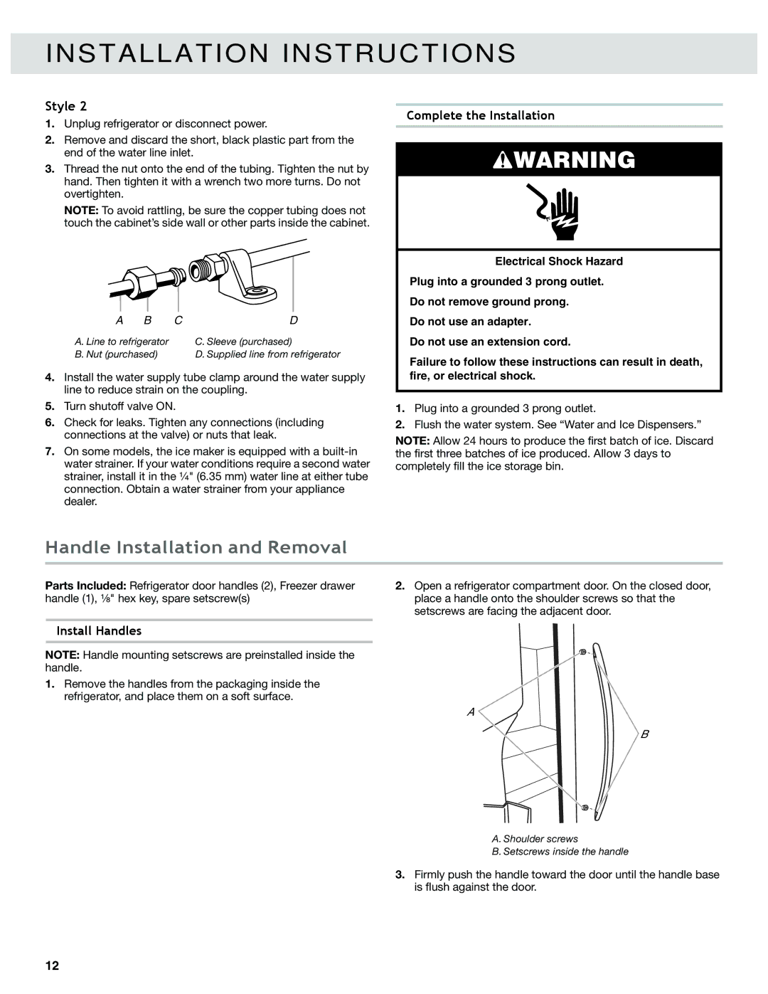 Whirlpool W10417000B manual Handle Installation and Removal, Complete the Installation, Install Handles 