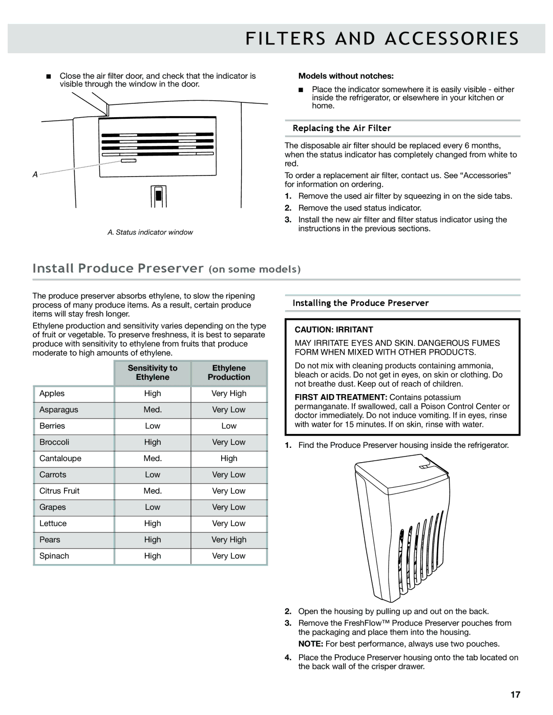 Whirlpool W10417000B Install Produce Preserver on some models, Replacing the Air Filter, Installing the Produce Preserver 