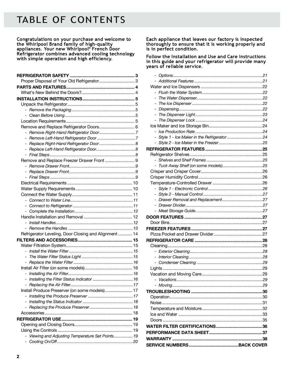 Whirlpool W10417000B manual Table of Contents 