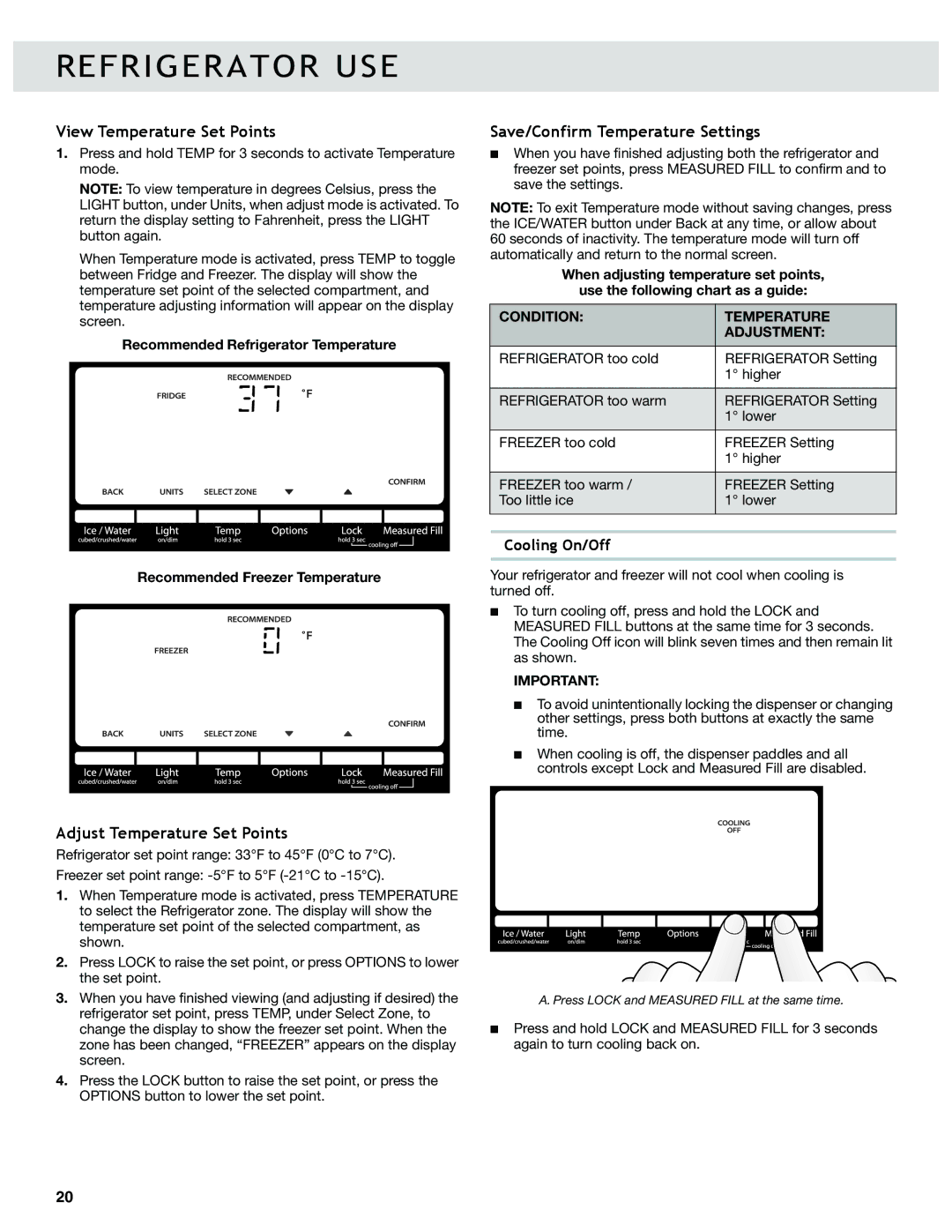 Whirlpool W10417000B manual View Temperature Set Points, Save/Confirm Temperature Settings, Adjust Temperature Set Points 