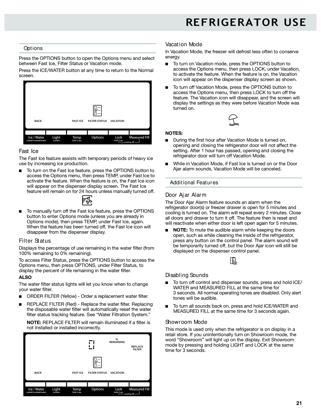 Whirlpool W10417000B manual Fast Ice, Filter Status, Vacation Mode, Door Ajar Alarm, Disabling Sounds, Showroom Mode 