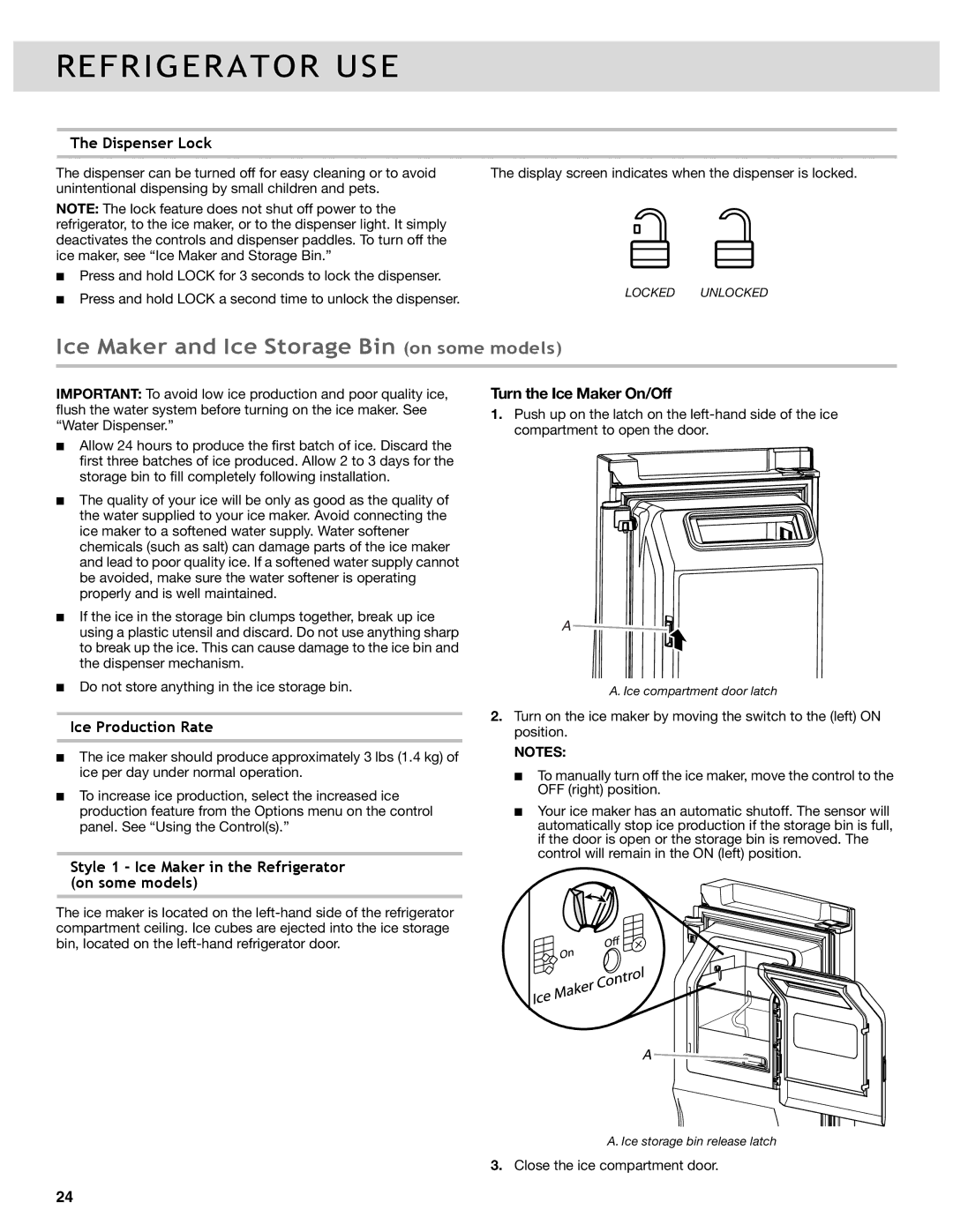 Whirlpool W10417000B manual Ice Maker and Ice Storage Bin on some models, Dispenser Lock, Ice Production Rate 