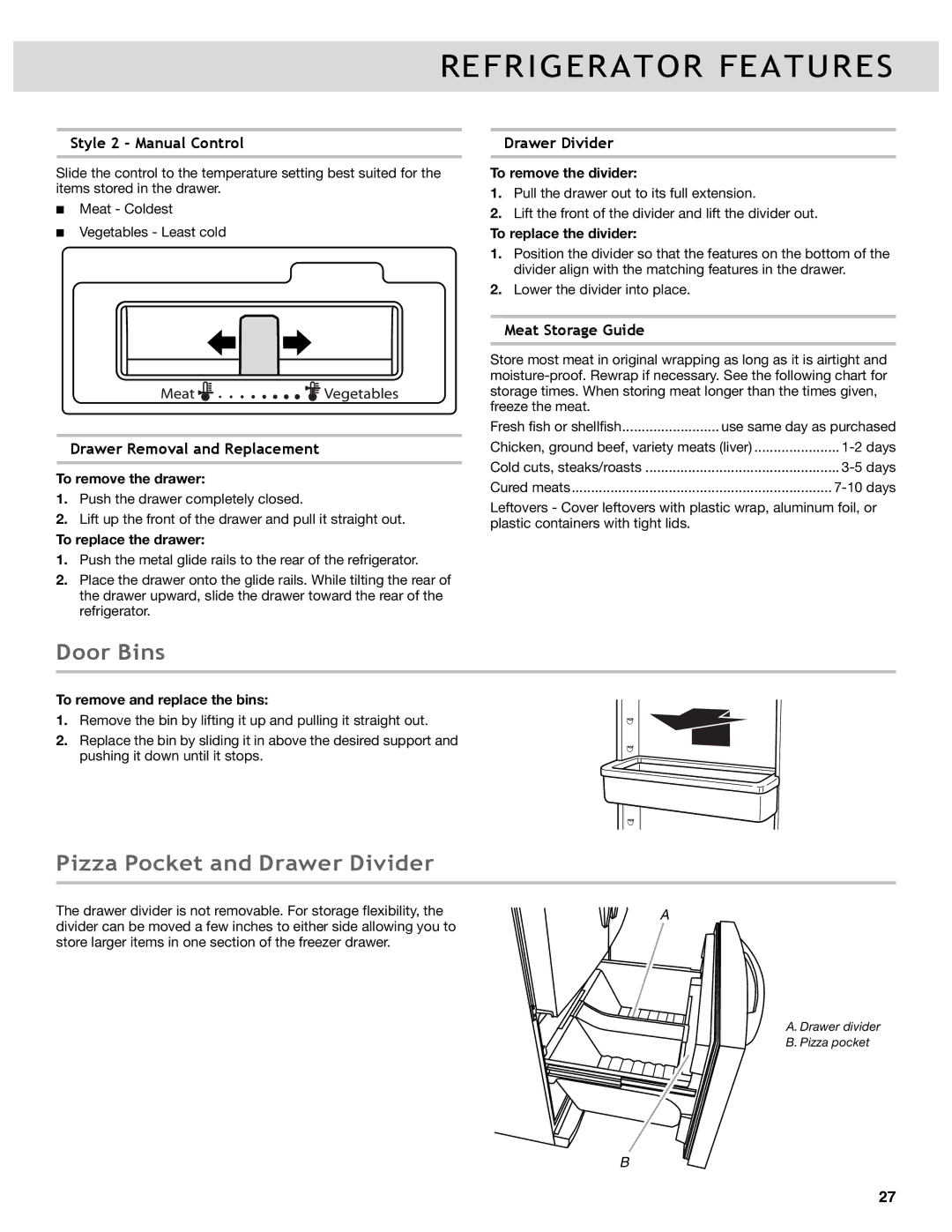 Whirlpool W10417000B manual Door Bins, Pizza Pocket and Drawer Divider 