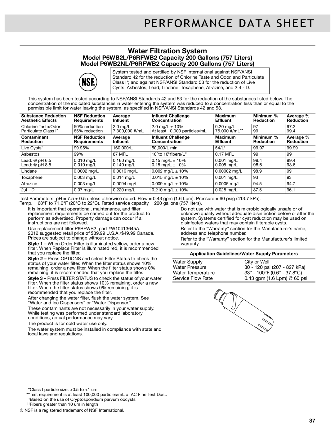 Whirlpool W10417000B manual Performance Data Sheet, Water Filtration System 