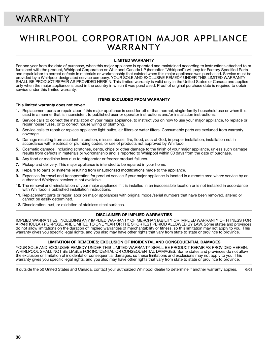 Whirlpool W10417000B manual Warranty Whirlpool Corporation Major Appliance, Limited Warranty, Items Excluded from Warranty 