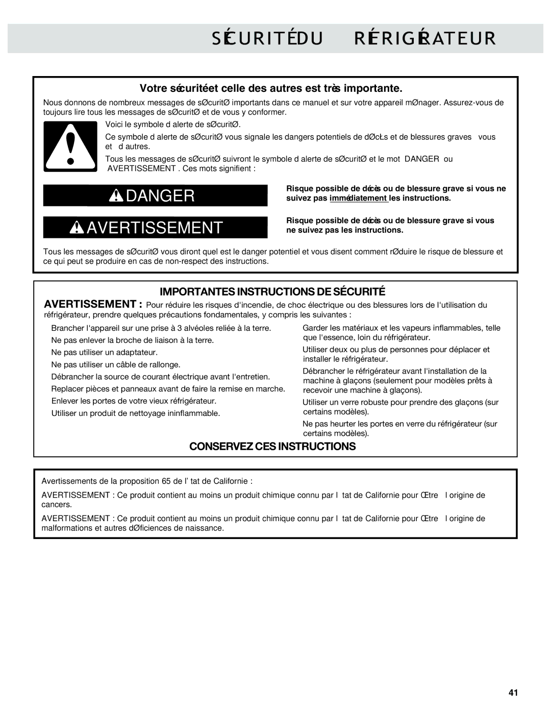 Whirlpool W10417000B manual Sécurité DU Réfrigérateur, Votre sécurité et celle des autres est très importante 