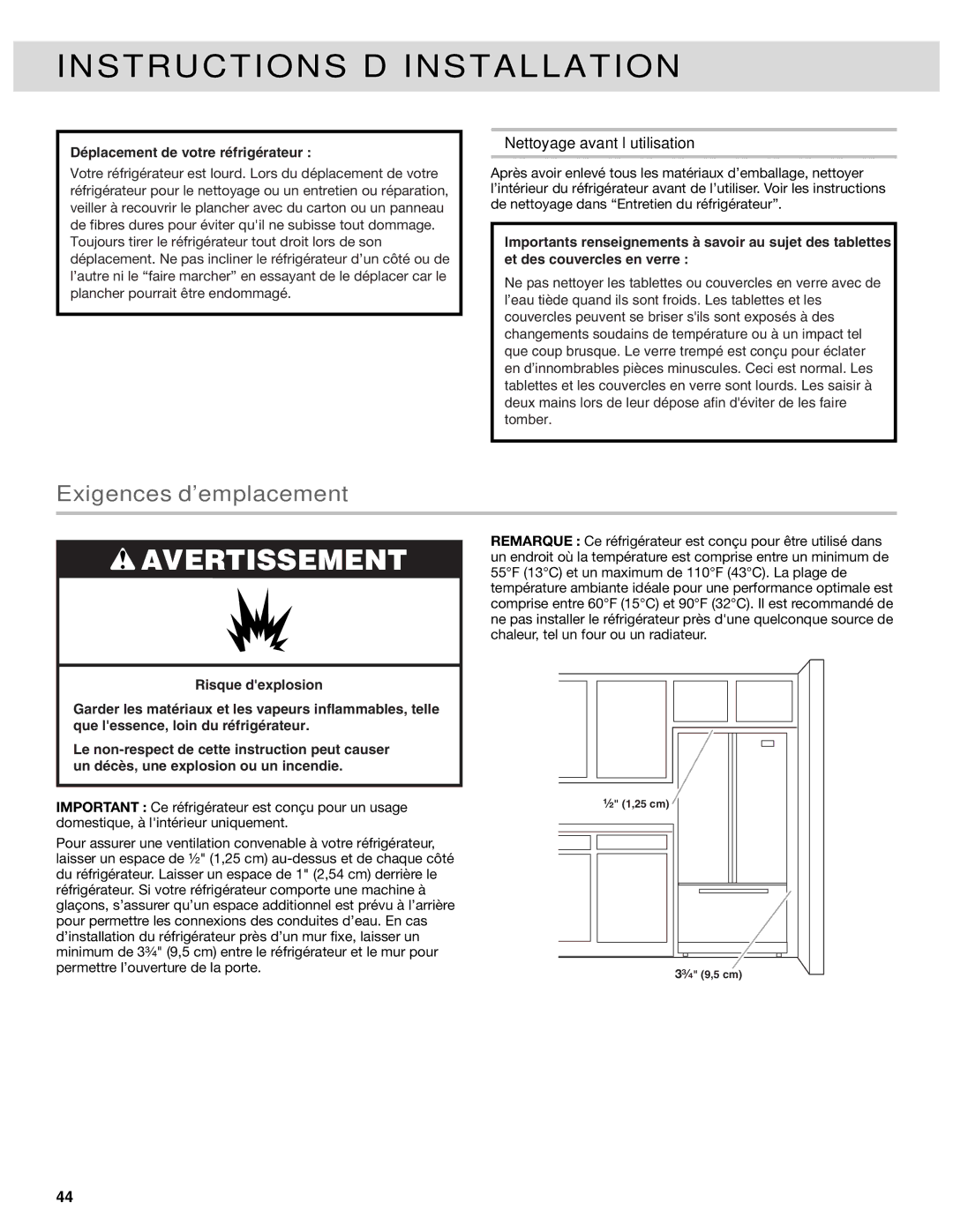 Whirlpool W10417000B manual Instructions D’INSTALLATION, Exigences demplacement, Nettoyage avant l’utilisation 