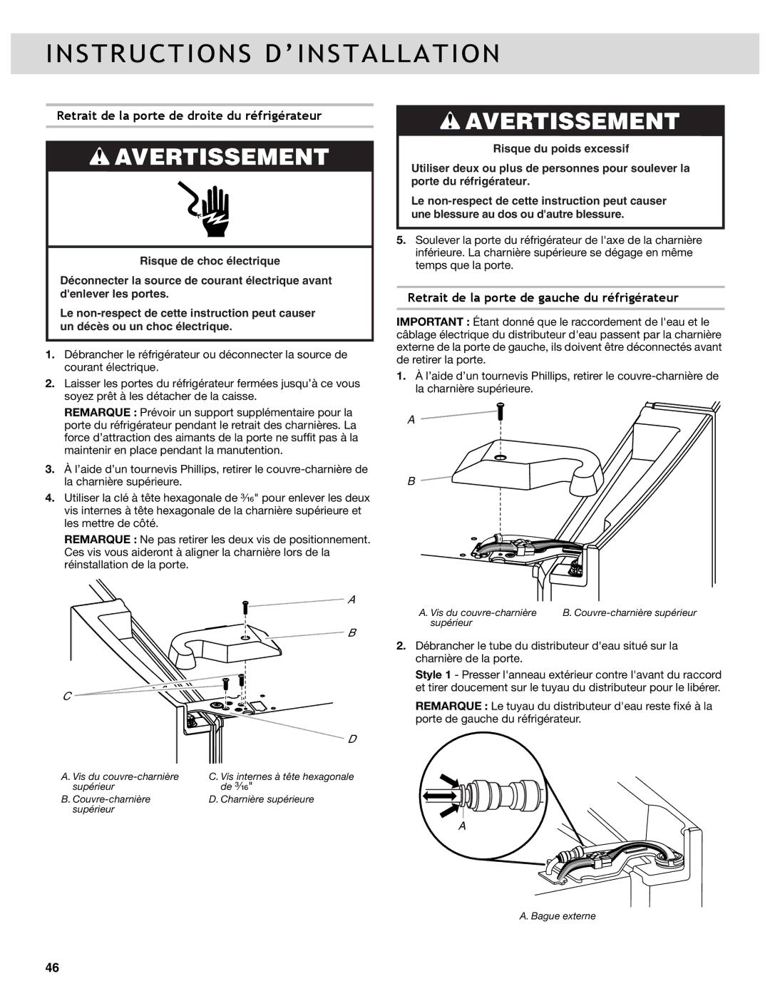 Whirlpool W10417000B manual Retrait de la porte de droite du réfrigérateur, Retrait de la porte de gauche du réfrigérateur 