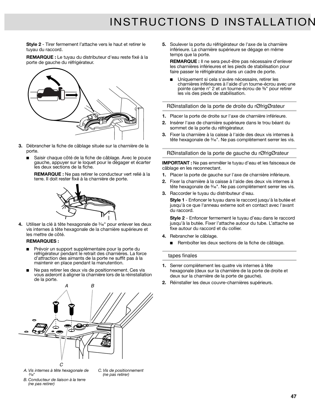 Whirlpool W10417000B manual Réinstallation de la porte de droite du réfrigérateur, Étapes finales, Remarques 