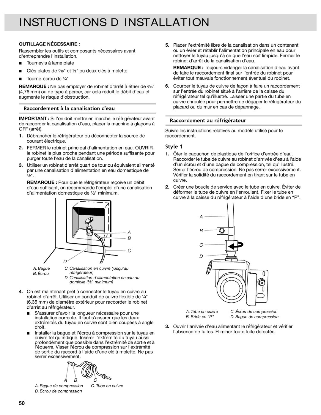 Whirlpool W10417000B manual Raccordement à la canalisation deau, Raccordement au réfrigérateur, Outillage Nécessaire 