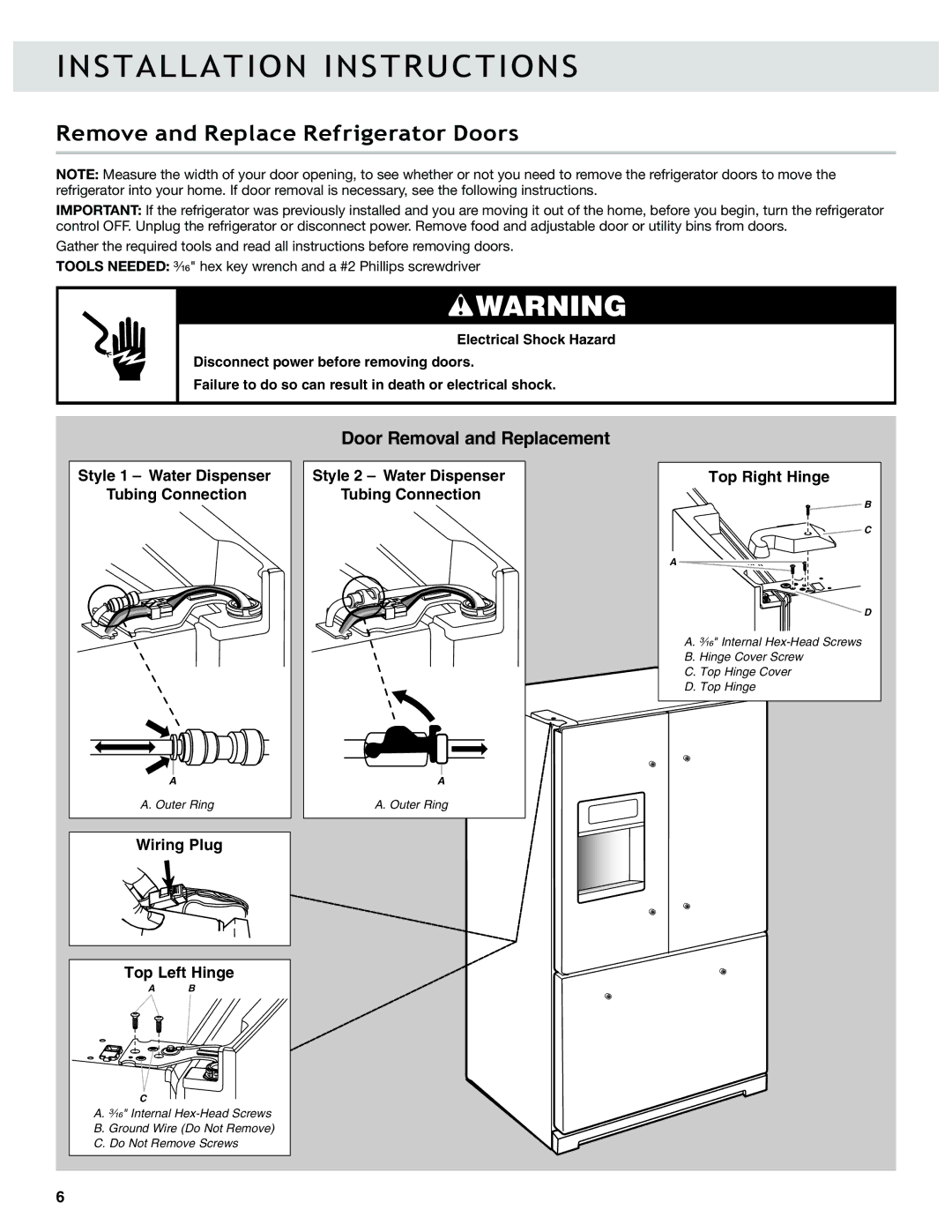 Whirlpool W10417000B manual Remove and Replace Refrigerator Doors, Door Removal and Replacement 