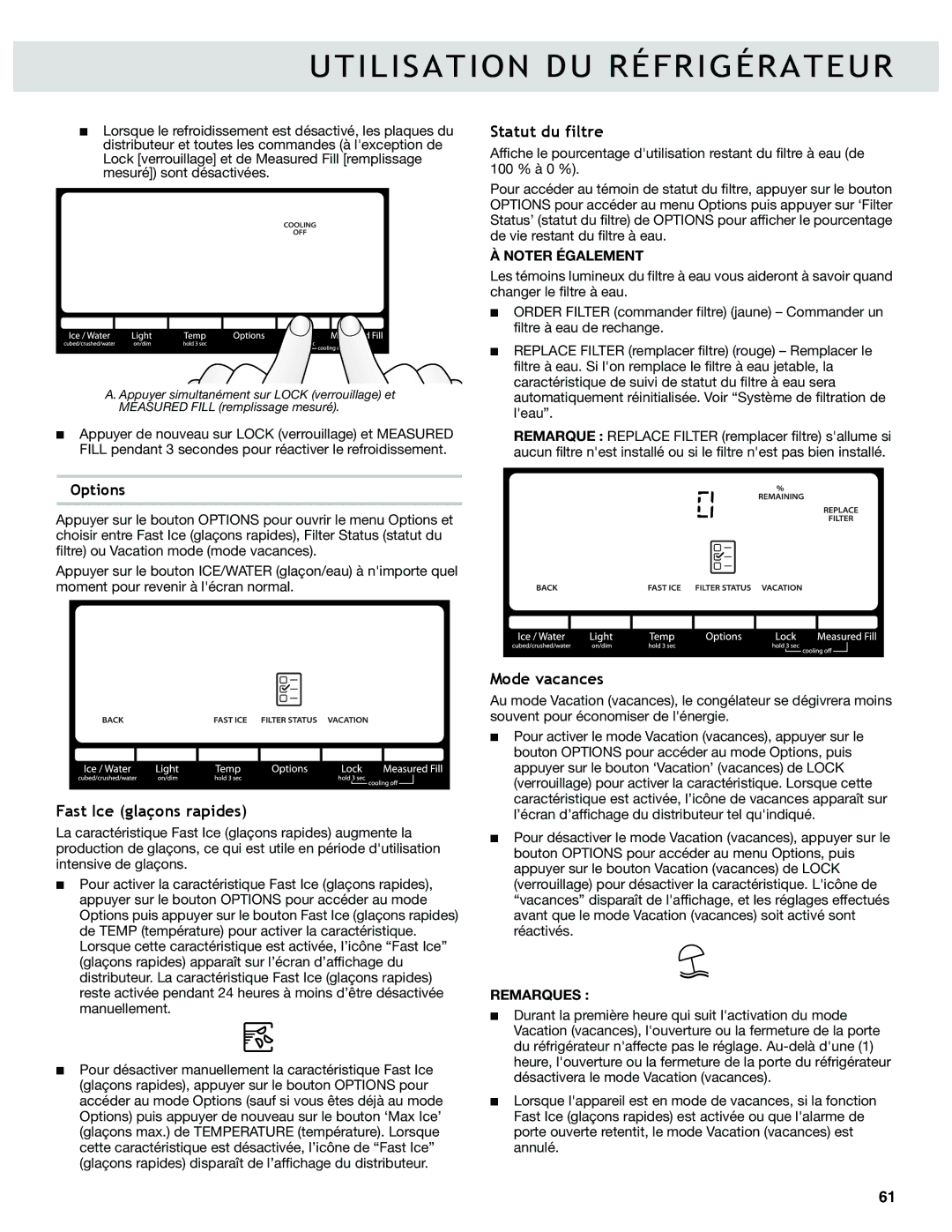 Whirlpool W10417000B manual Statut du filtre, Fast Ice glaçons rapides, Mode vacances 