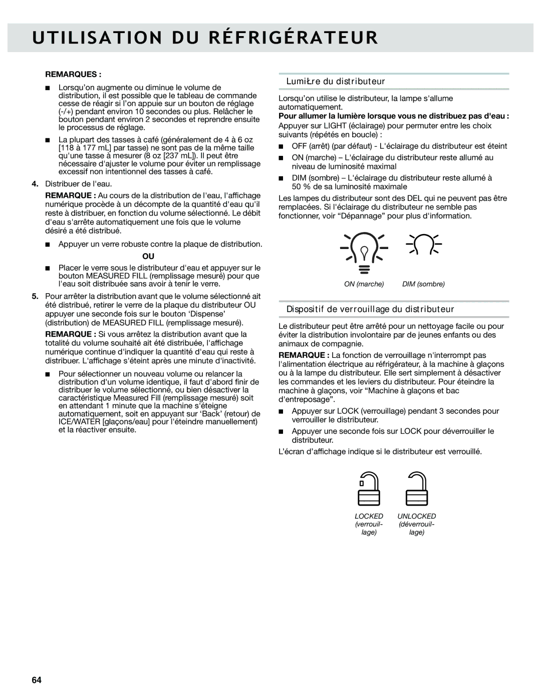 Whirlpool W10417000B manual Lumière du distributeur, Dispositif de verrouillage du distributeur 