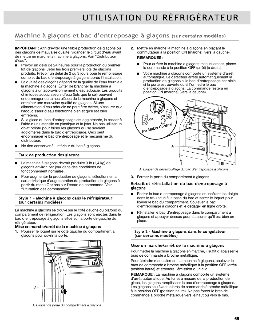 Whirlpool W10417000B Retrait et réinstallation du bac dentreposage à glaçons, Mise en marche/arrêt de la machine à glaçons 