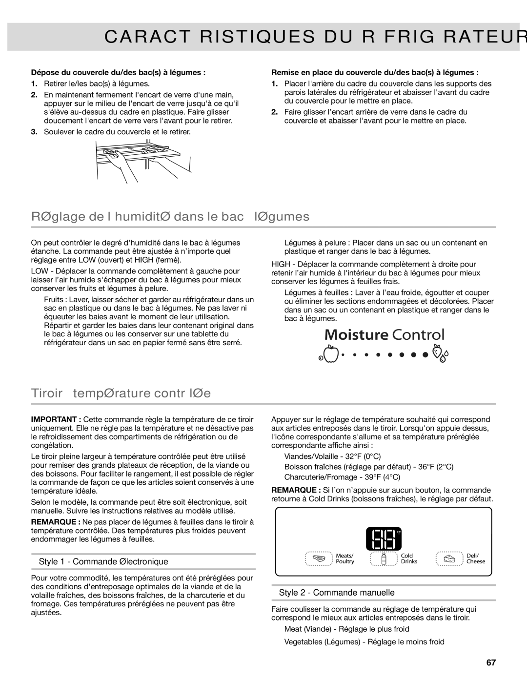 Whirlpool W10417000B manual Réglage de l’humidité dans le bac à légumes, Tiroir à température contrôlée 