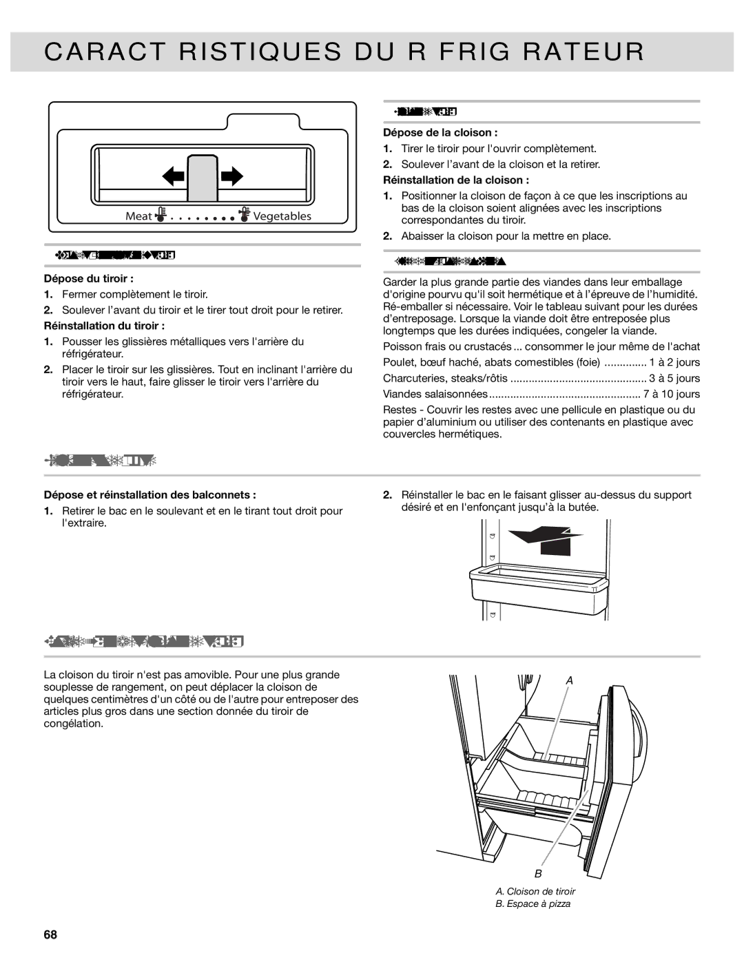 Whirlpool W10417000B manual Balconnets de porte, Espace à pizza et cloison de tiroir, Cloison de tiroir 