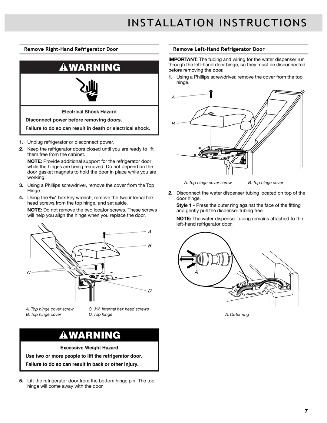 Whirlpool W10417000B manual Remove Right-Hand Refrigerator Door, Remove Left-Hand Refrigerator Door 