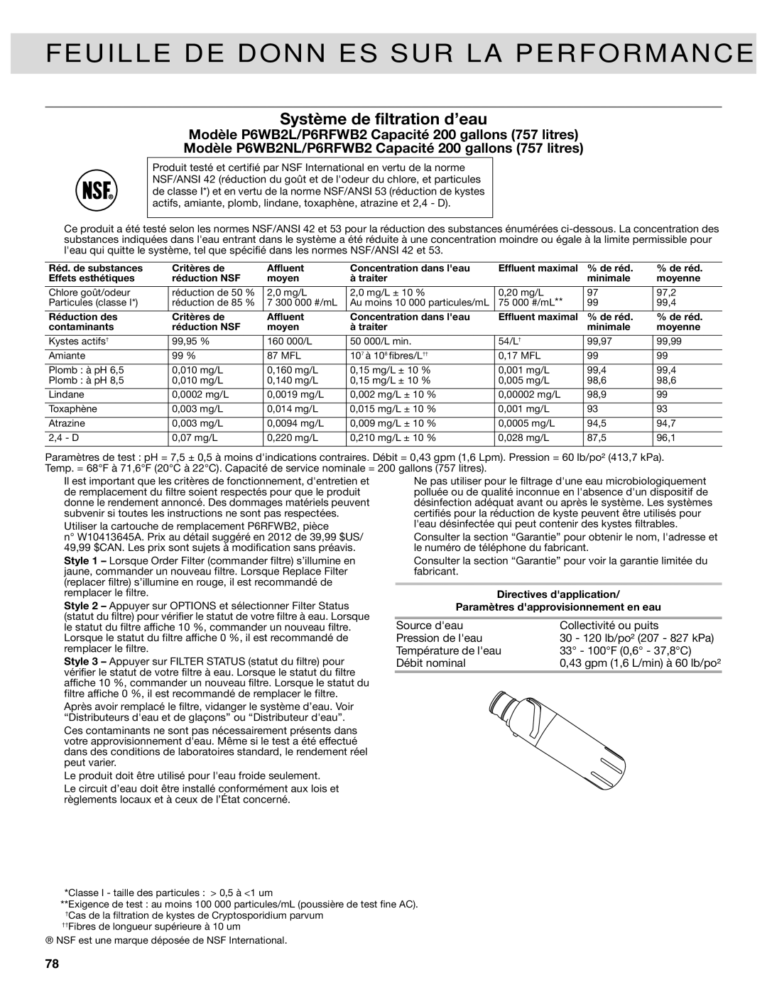 Whirlpool W10417000B manual Feuille DE Données SUR LA Performance, Système de filtration d’eau 