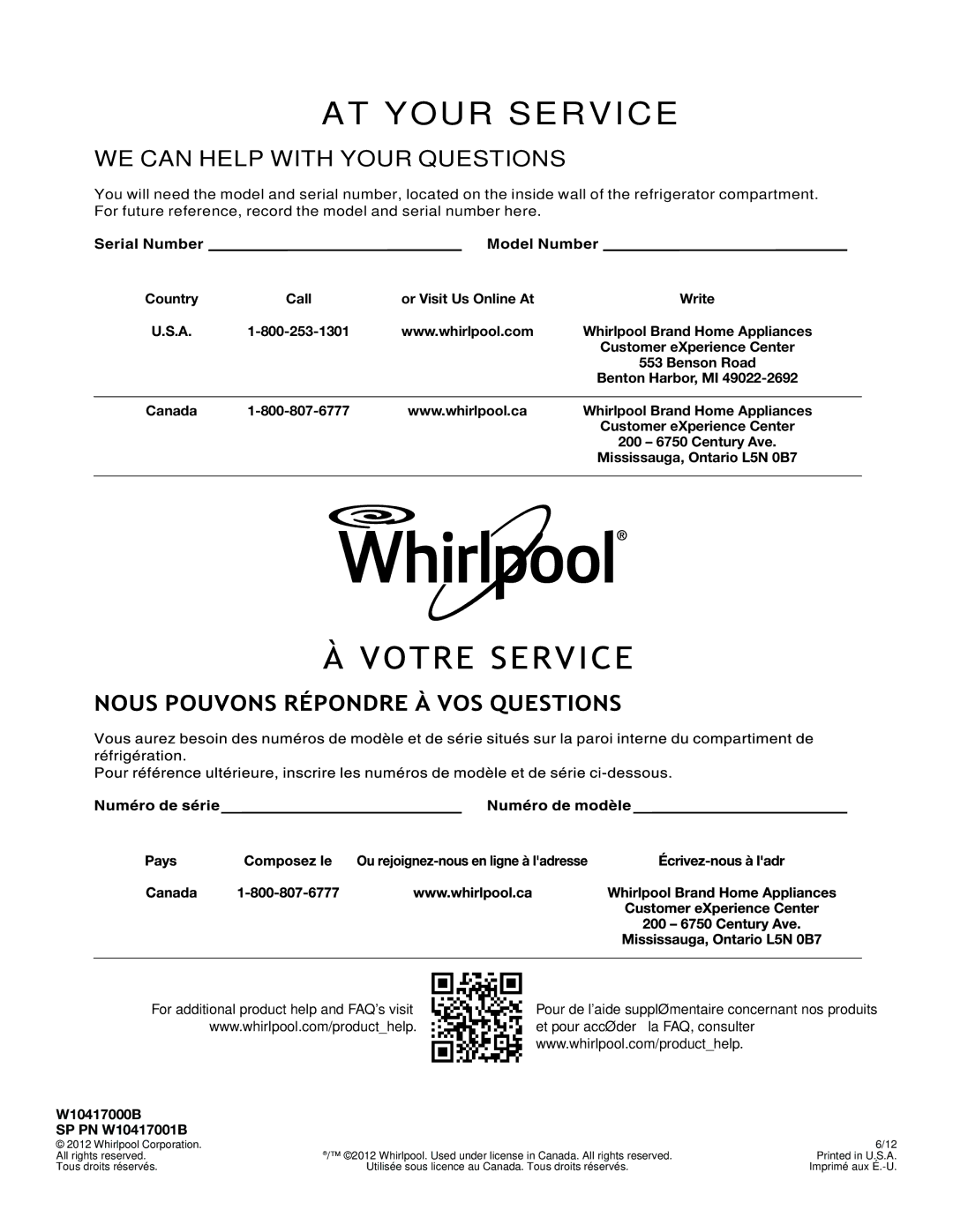 Whirlpool W10417000B manual AT Your Service 