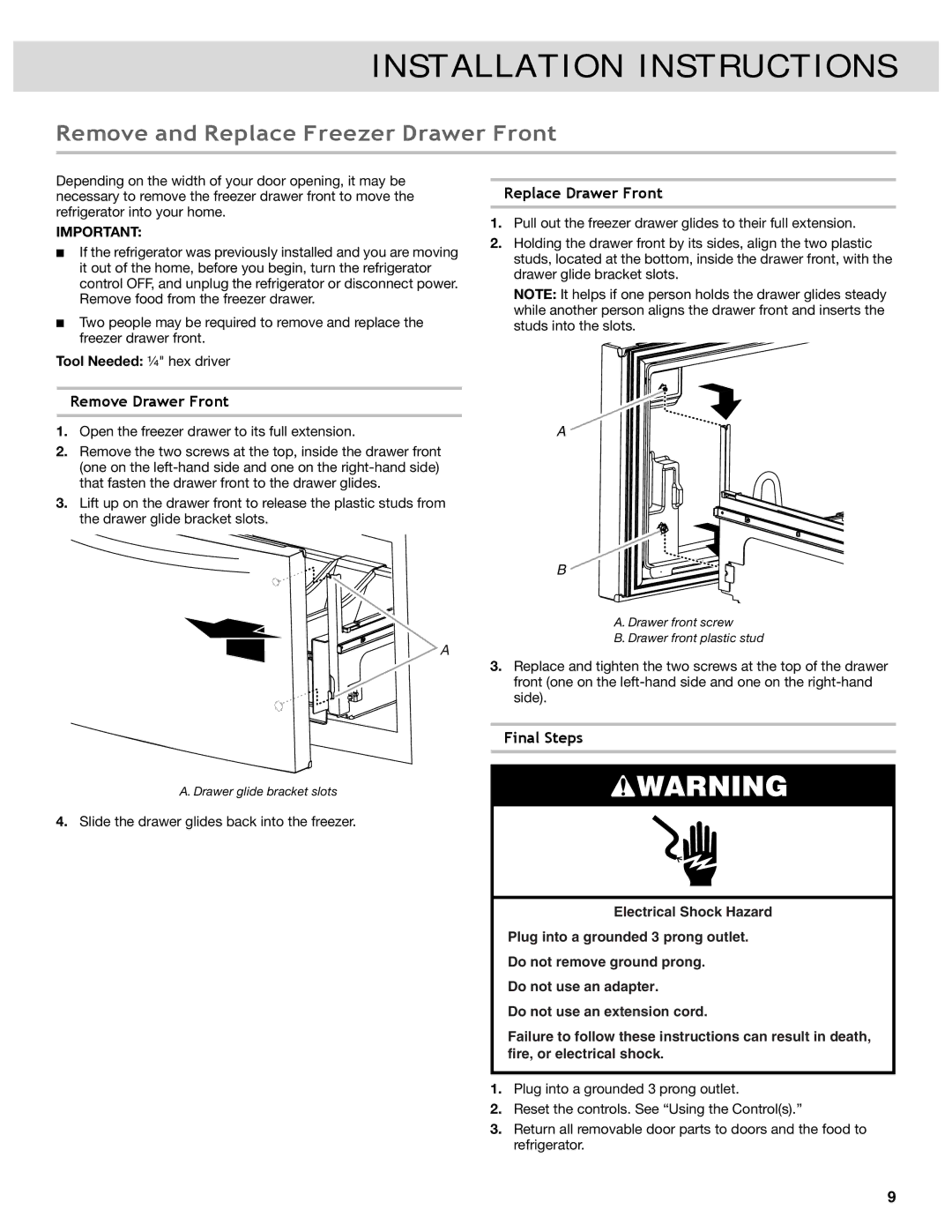 Whirlpool W10417000B manual Remove and Replace Freezer Drawer Front, Remove Drawer Front, Replace Drawer Front 