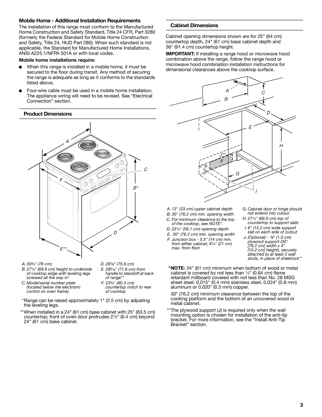 Whirlpool W10430948A Mobile Home Additional Installation Requirements, Product Dimensions Cabinet Dimensions 