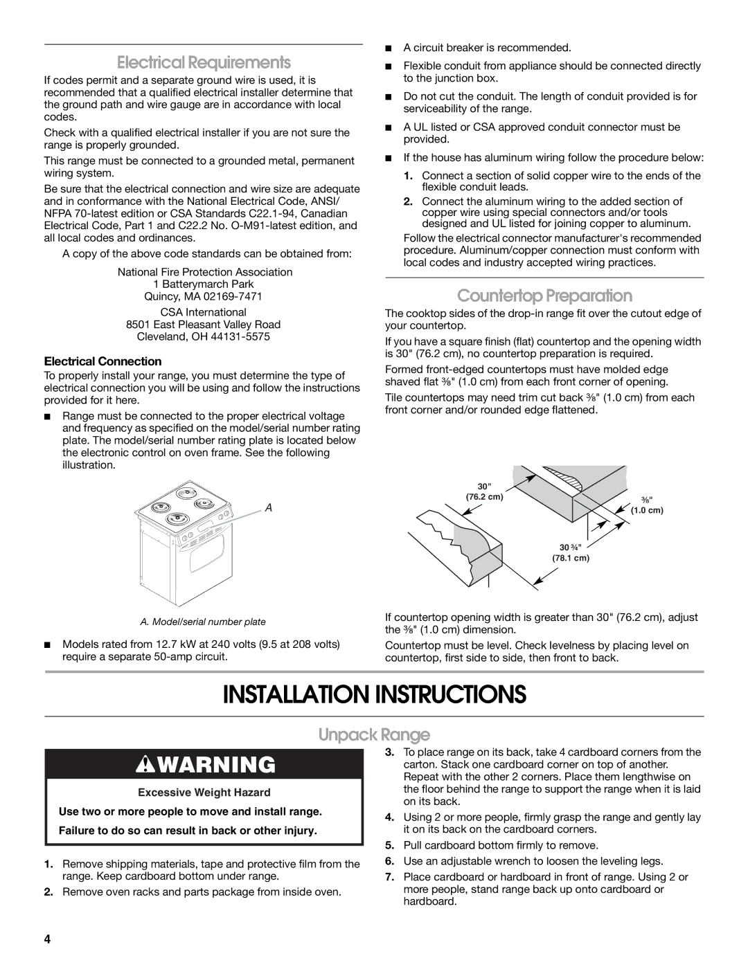 Whirlpool W10430948A Installation Instructions, Electrical Requirements, Countertop Preparation, Unpack Range 