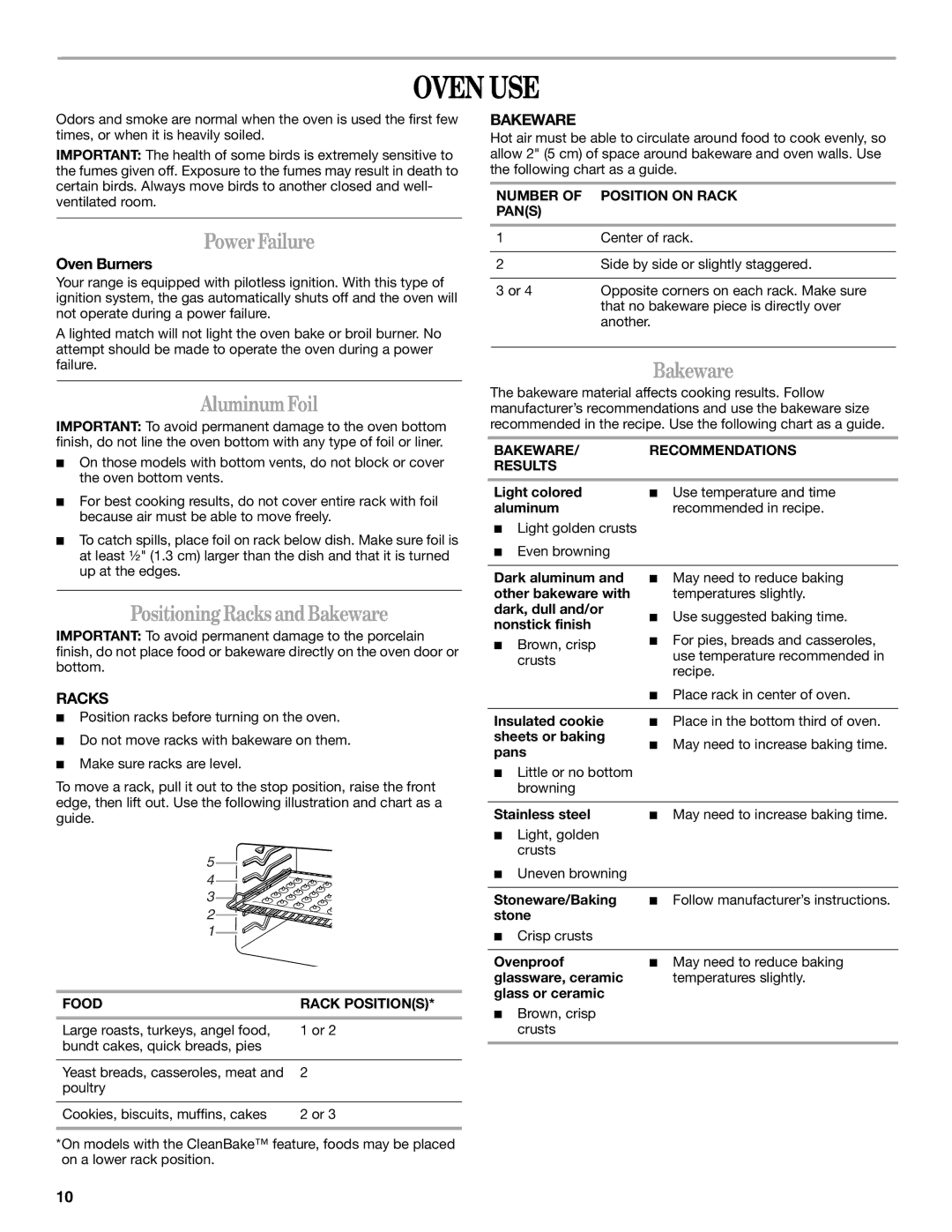 Whirlpool GW399LXUQ, W10432289A, GW399LXUS, GW399LXUB, GW397LXUB manual Oven USE, Aluminum Foil, Positioning Racks and Bakeware 