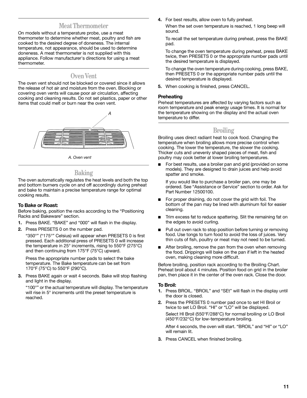 Whirlpool GW397LXUB, W10432289A, GW399LXUS, GW399LXUB, GW399LXUQ, GW397LXUQ manual Meat Thermometer, Oven Vent, Baking, Broiling 