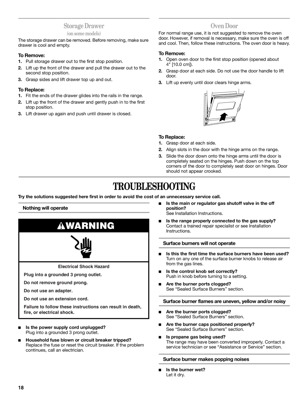 Whirlpool GW397LXUB, W10432289A, GW399LXUS, GW399LXUB, GW399LXUQ, GW397LXUQ manual Troubleshooting, Storage Drawer, Oven Door 