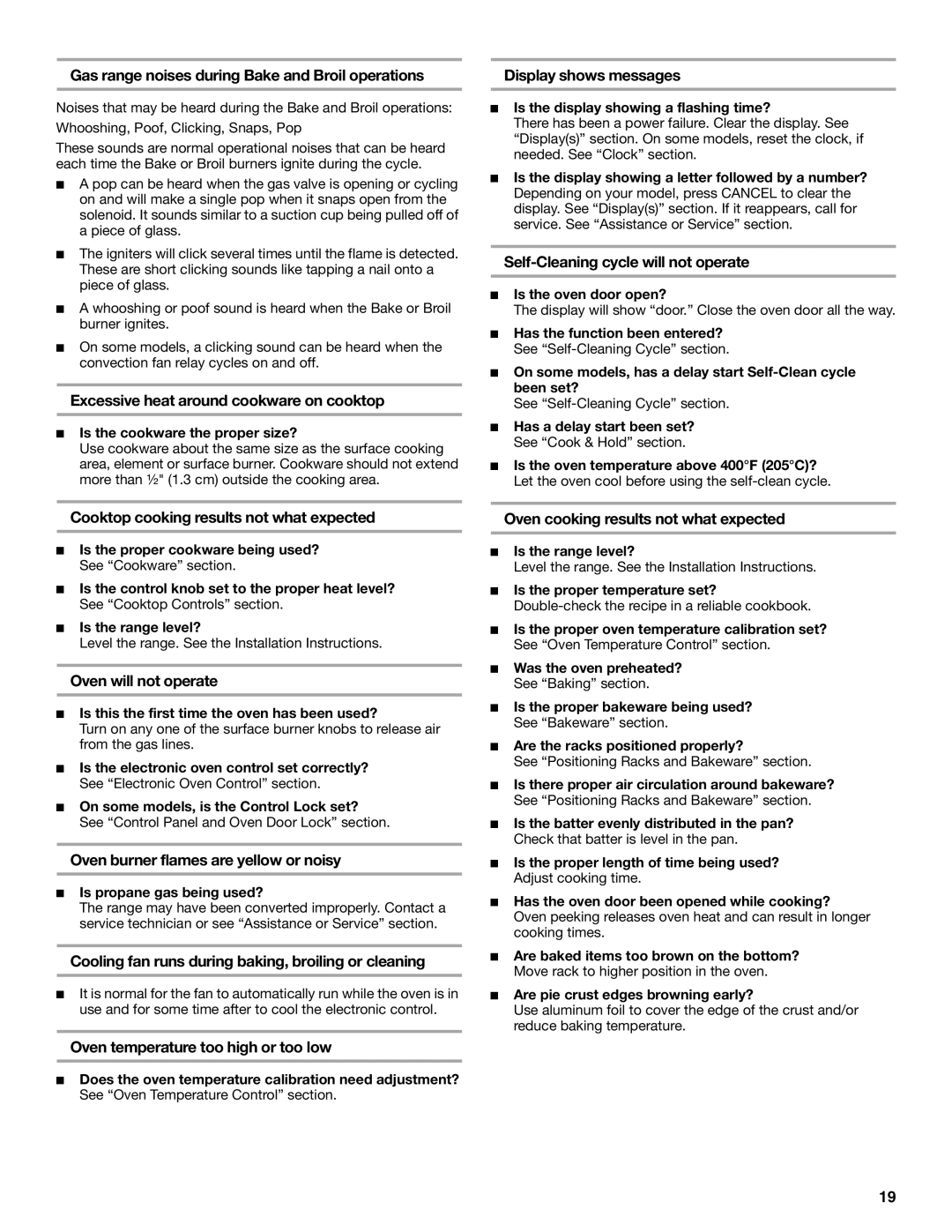 Whirlpool GW397LXUQ manual Gas range noises during Bake and Broil operations, Excessive heat around cookware on cooktop 