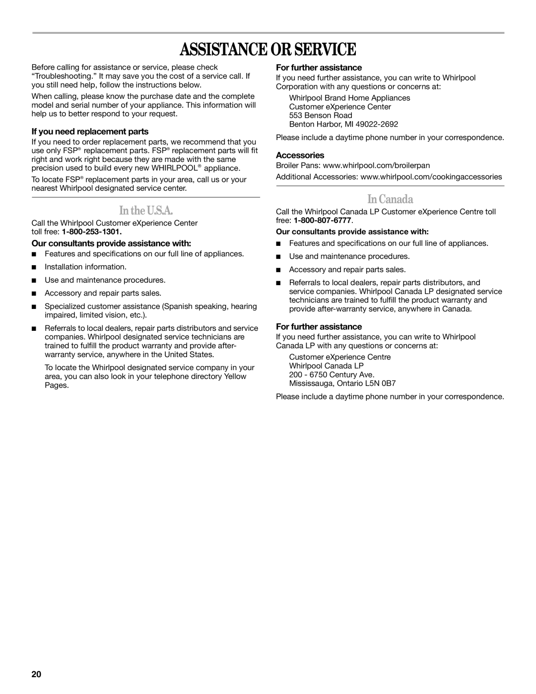 Whirlpool GW397LXUS, W10432289A, GW399LXUS, GW399LXUB, GW399LXUQ, GW397LXUB, GW397LXUQ Assistance or Service, U.S.A, Canada 